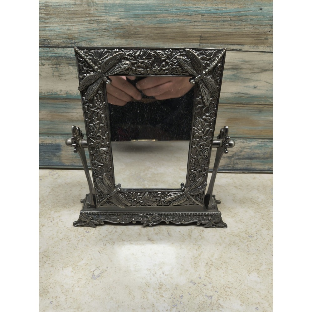 Ornate Vanity Swing‎ Mirror Enamel Swirl Metal Frame Heavy Base Free Stand